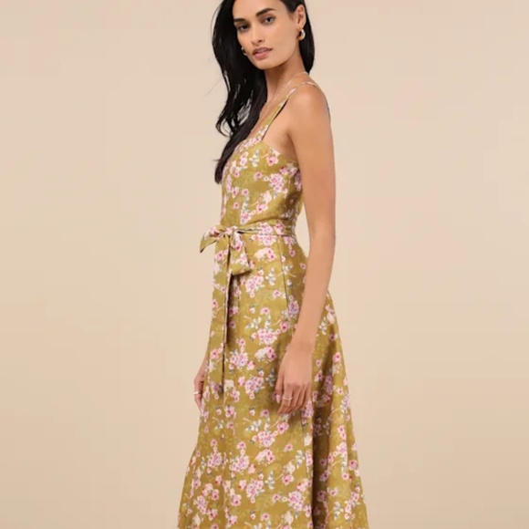 Lulus Sunny Posture Chartreuse Floral Sleeveless Midi Dress Green - Size M - Picture 2 of 4